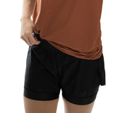 Person wearing a brown shirt and black shorts on a white background