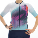 Cycling outfit with colorful design on a white background